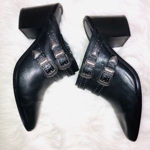 Frye Black Buckle Mules 11